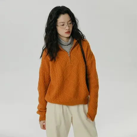 omont蛋挞家 polo领拉链毛衣女秋冬2023新款复古羊毛绞花套头毛衣图片