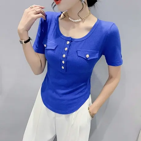 时尚排扣下摆弧形T恤女短袖2023夏季新款别致上衣修身百搭小衫ins商品大图