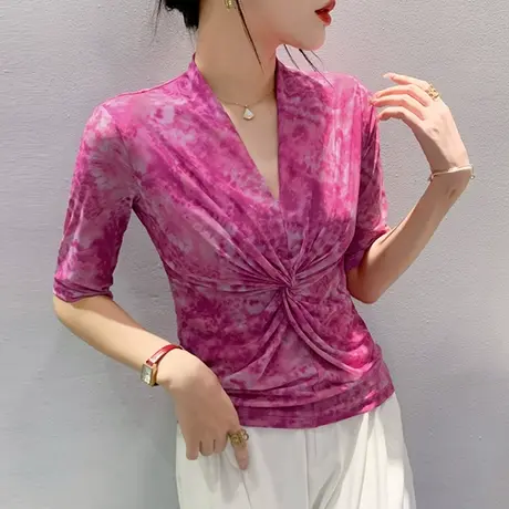 时尚交叉V领T恤女五分袖初秋性感网纱上衣设计感内搭修身打底小衫商品大图