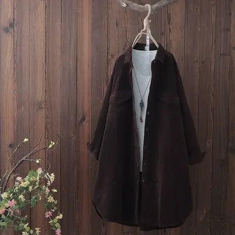 文艺范灯芯绒衬衫女秋季新款中长款翻领长袖纯色衬衣宽松外套上衣图片