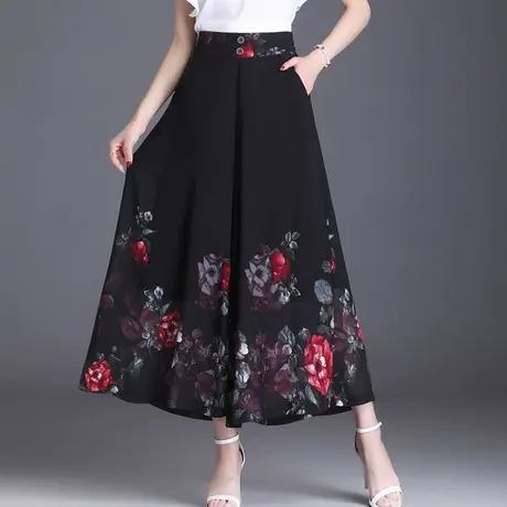 雪纺阔腿裤女夏季妈妈印花裙裤子2023新款薄款宽松垂感九分大脚裤商品大图