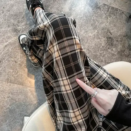 格子阔腿裤女秋冬2023年新款高腰垂感直筒宽松复古显瘦休闲拖地裤商品大图