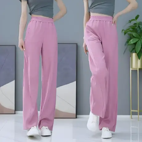 粉色阔腿裤女2023年新款高腰直筒裤春夏小个子窄版宽松拖地长裤子图片