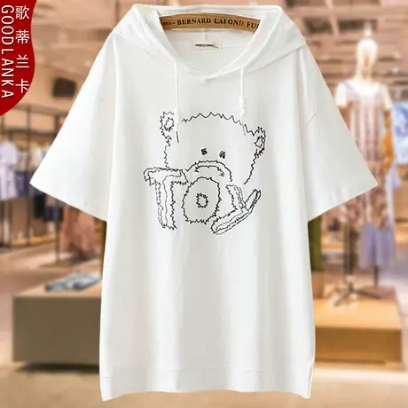 中年胖妈妈夏装短袖t恤女加肥加大码宽松遮肚时尚纯棉连帽T恤上衣商品大图