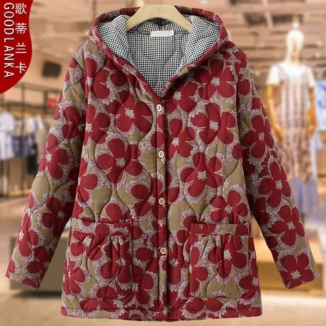 中老年女装冬装棉服外套洋气花色棉袄加肥加大码妈妈宽松连帽棉衣图片
