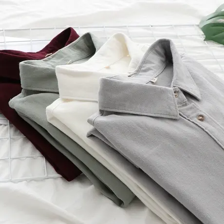 春秋法兰绒磨毛衬衣女复古文艺纯棉长袖方领打底纯色正装衬衫韩版商品大图