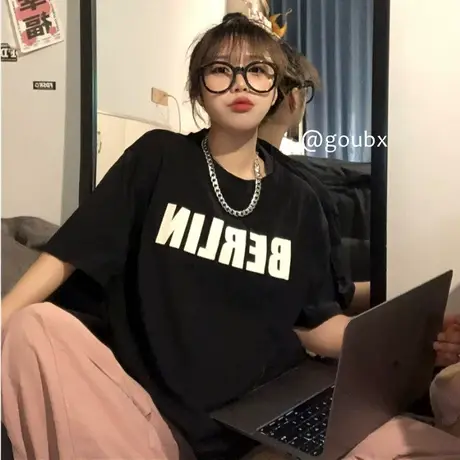 新款2023年夏季新款字母印花短袖T恤女爆款百搭情侣装打底衫上衣商品大图