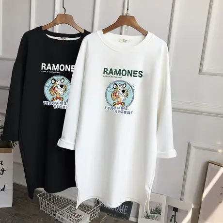 2022年新款纯棉白色长袖T恤女中长款韩版宽松磨毛上衣打底衫秋季图片