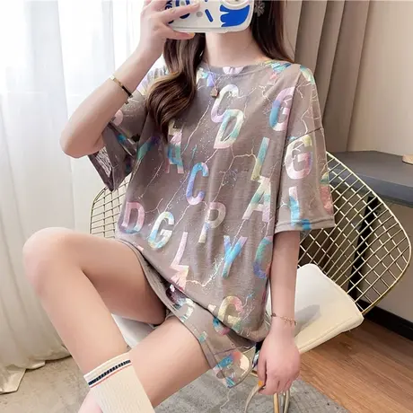 设计感短袖t恤女夏季韩版宽松中长款半袖亮闪闪上衣服夏天体桖潮图片