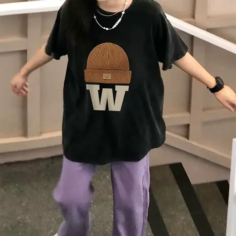 纯棉短袖t恤女夏季小个子韩系宽松oversize美式复古设计感上衣服商品大图