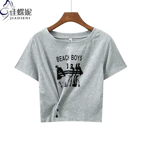 夏季新款圆领宽松纯棉纯色短款纯欲两穿印花短袖体恤上衣女打底衫图片