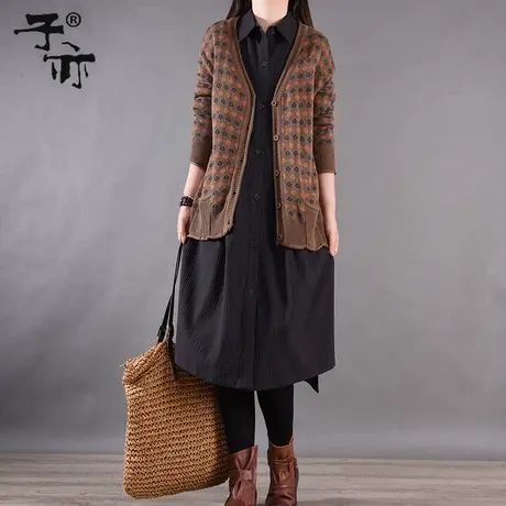 子亦秋新款文艺宽松短外套休闲花色单排扣针织毛衣开衫商品大图