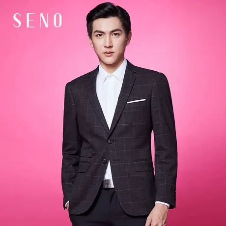 SENO毛呢西服男深灰色方格英伦时尚保暖撞色单西男士西装外套图片