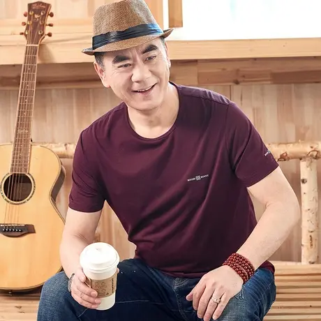 中年男士短袖t恤爸爸装40-50岁圆领老人丝光棉半袖夏季薄款polo衫商品大图