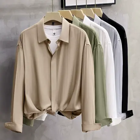 丝光抗皱衬衫男韩版潮流男装长袖衬衣轻熟风痞帅春秋季高级感上衣商品大图