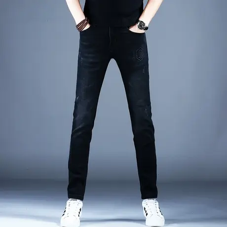 秋冬新款男士牛仔裤男款黑色时尚印花修身小脚裤子男2023弹力百搭商品大图