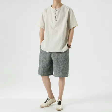 100%亚麻短袖T恤男套装新中式男装搭配一套中国风男装唐装上衣服图片