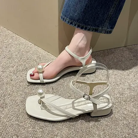 凉鞋女2023新款粗跟夹脚套趾气质罗马鞋低跟温柔仙女风方头一字带图片