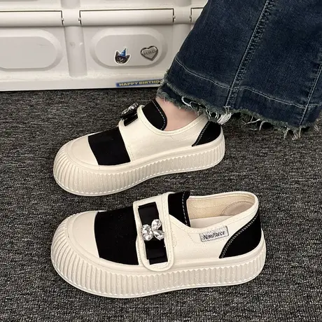 2023年夏季新款小众设计厚底懒人帆布鞋一脚蹬女增高百搭小白鞋女商品大图