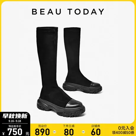 BeauToday弹力靴女瘦瘦靴袜子靴BT靴子女长筒靴厚底新款黑色女靴图片