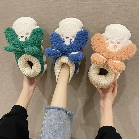 棉拖鞋女冬季包跟室内居家用可爱兔子踩屎感厚底增高保暖毛绒棉鞋商品大图