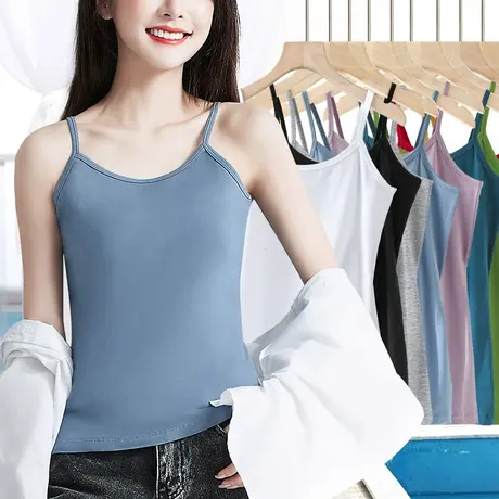 蓝色纯棉u型美背女式吊带小背心夏外穿弹力露背装上衣无袖打底衫图片