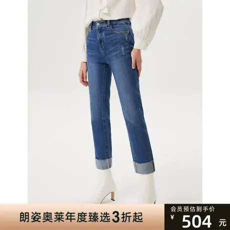 朗姿棉质高腰直筒复古休闲牛仔裤女年冬季新款裤子别致图片