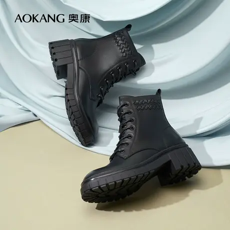 【门店发货】奥康女鞋 冬季气质粗跟马丁靴真皮舒适编织时尚休闲图片