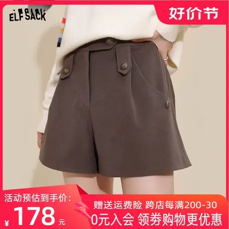 妖精的口袋棕色毛呢裤女2022秋冬季新款高腰短裤外穿宽松休闲裤子商品大图