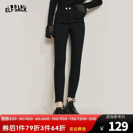 妖精的口袋高腰黑色铅笔裤女2023秋季新款修身显瘦休闲打底裤子潮商品大图