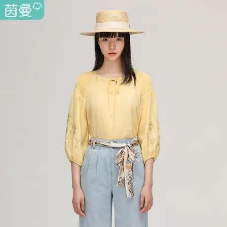【商场同款】茵曼2023特价清仓圆领系带提花打揽设计七分袖上衣商品大图