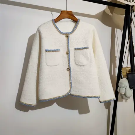 小香风仿水貂绒针织开衫毛衣外套女秋冬新款宽松百搭时尚气质上衣图片