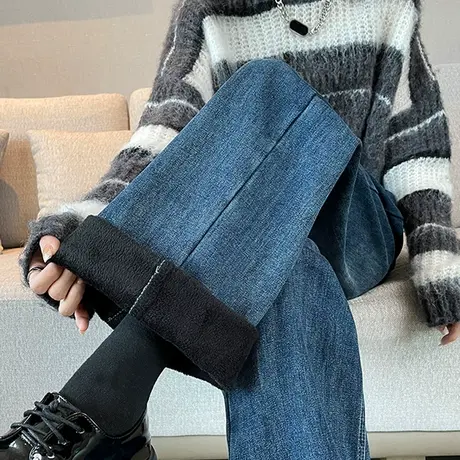 阔腿牛仔裤女2023年秋冬新款高腰直筒宽松加绒设计感蓝色拖地裤潮商品大图
