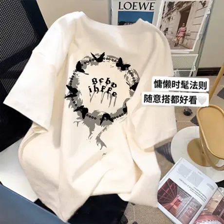 正肩短袖t恤女2023新款港味chic宽松大码情侣装夏装ins慵懒风上衣商品大图