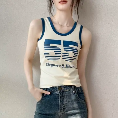 美式印花吊带背心女2025春季新款外穿字母上衣休闲运动修身打底衫商品大图