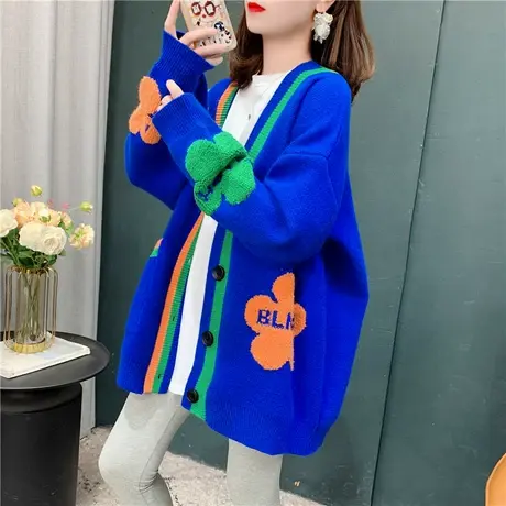克莱因蓝花朵毛衣开衫女春装2022年新款宽松慵懒风减龄针织外套潮商品大图