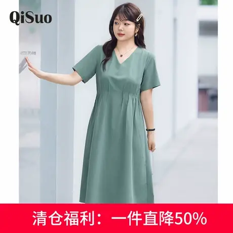 大码女装2024夏季新款V领气质长裙子A字收腰遮肚子显瘦胖MM连衣裙商品大图