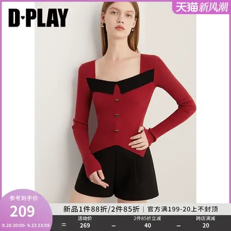 DPLAY2023冬法式复古红拼黑撞色翻领爱心扣修身套头针织打底衫商品大图