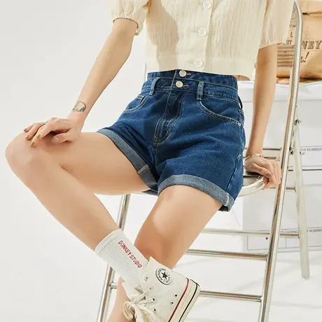 唐狮两粒扣高腰卷边显高宽松裤子潮显瘦牛仔短裤夏装新款女图片