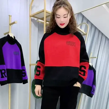 半高领加绒加厚卫衣女2023年秋冬季新款洋气宽松休闲套头上衣外套商品大图