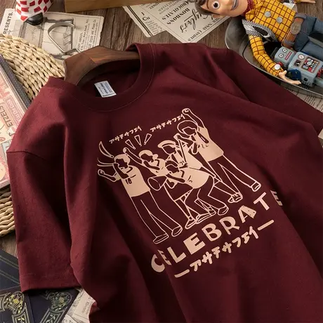 日系复古酒红色t恤短袖女oversize大码显白ins潮纯棉百搭正肩上衣商品大图