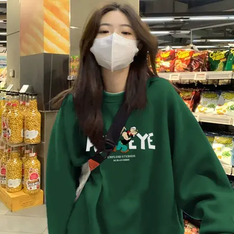 加绒圆领卫衣女秋冬大码oversize宽松情侣外套美式街头风绿色上衣图片