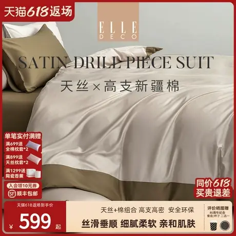 ELLE DECO春秋新款天丝棉刺绣四件套纯棉床单亲肤被套微雨初黛商品大图