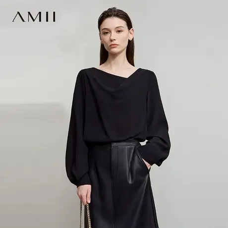 Amii2025秋新款极简纯色知性通勤温柔风荡领宽松长袖雪纺衫女商品大图