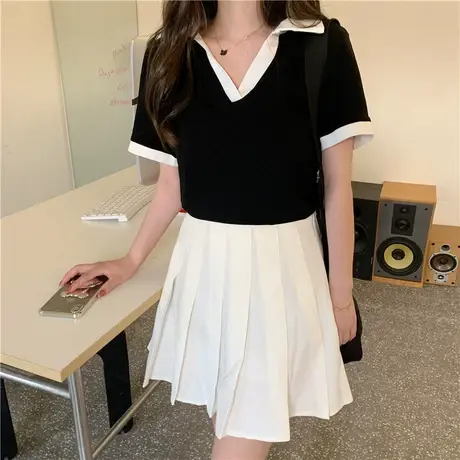 拼接polo衫辣妹短款V领2023夏季新款上衣设计感ins小众短袖t恤女商品大图
