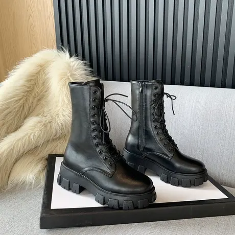 白色马丁靴女2023年新款春秋单靴增高厚底英伦风瘦瘦机车中筒靴子图片