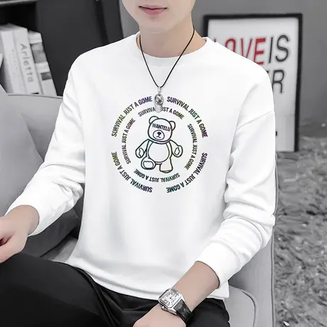 2023新款白色卫衣男潮ins小熊圆领无帽上衣秋冬款加绒加厚长袖t恤商品大图