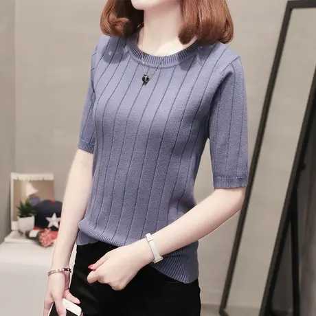 针织短袖女薄款五分袖上衣女2023早春内搭春秋百搭中袖针织打底衫图片