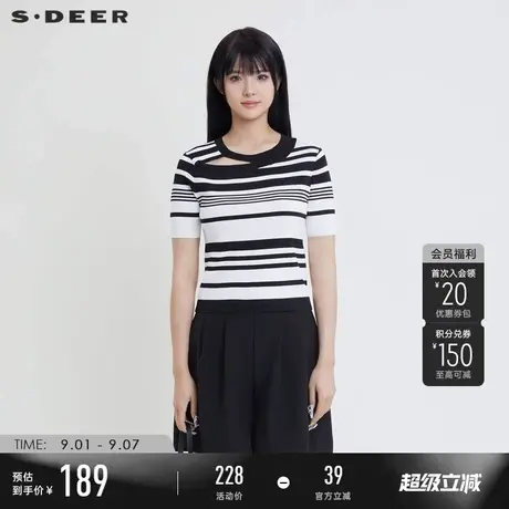 sdeer圣迪奥夏季女装航海系罗纹圆领镂空撞色条纹针织衫S24283505商品大图