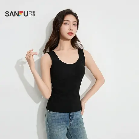 三福女冬季贴合拼接带杯打底背心 修身抗静电内搭上衣507913商品大图